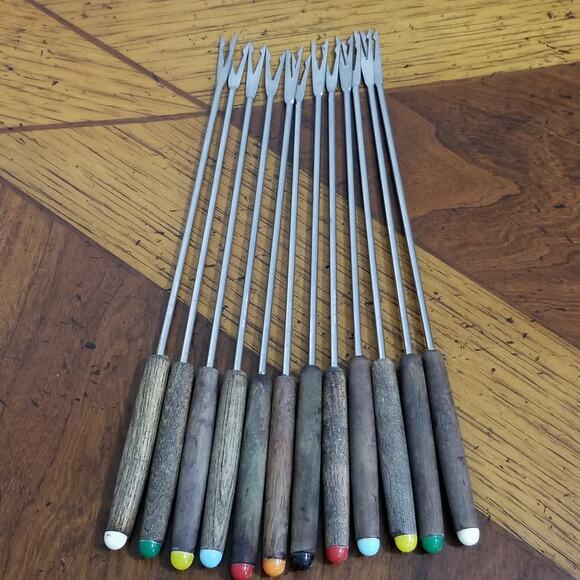 Twelve fondue forks vintage stainless steel wood handles - Picture 4 of 5